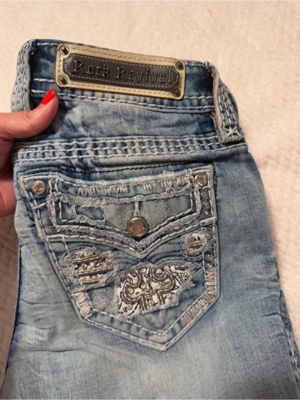 Rock Revival Light Blue Embroidered Distressed Straight Leg Jeans